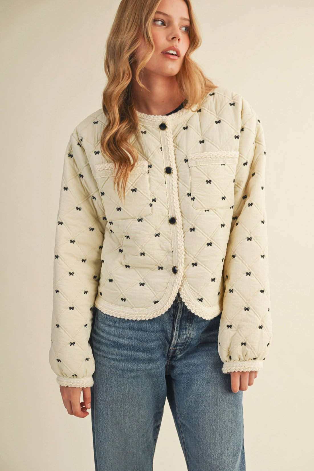 Cream Bow Quilted Jacket