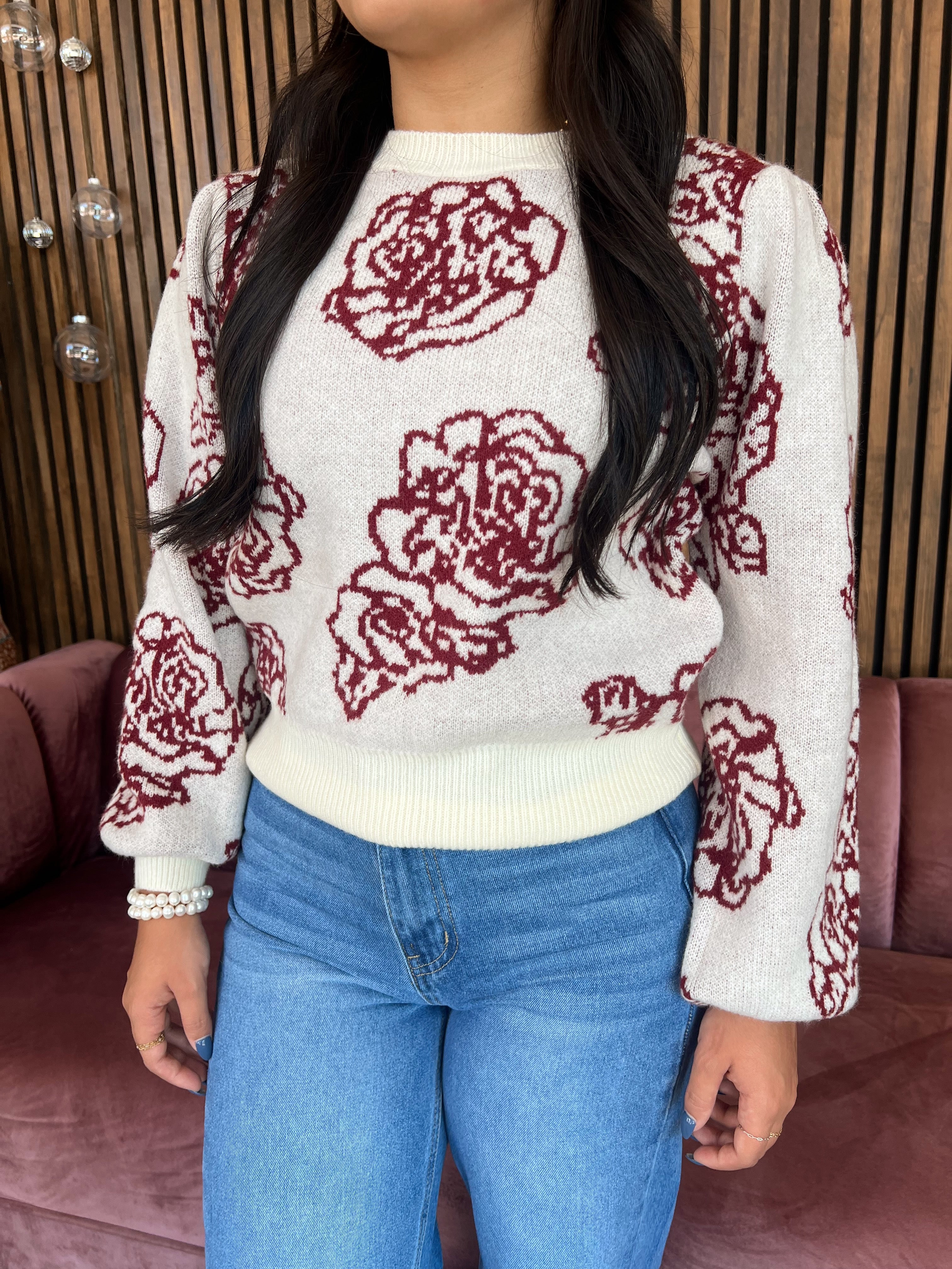 Floral Puff Sleeve Sweater- Burgundy