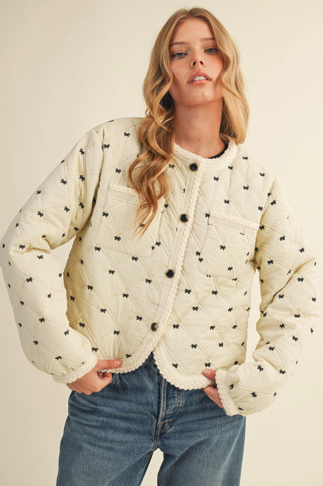 Cream Bow Quilted Jacket