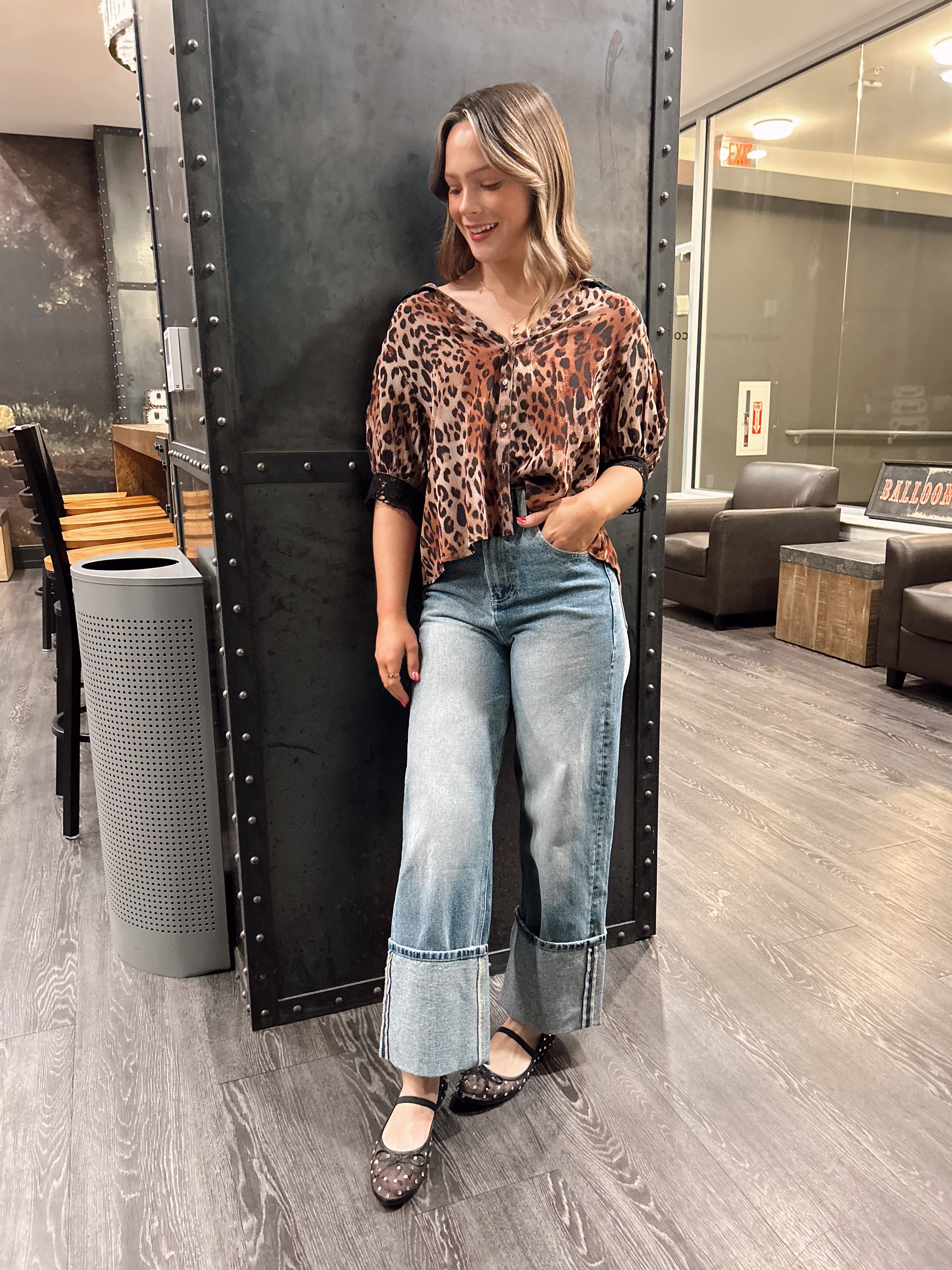 FREE PEOPLE: Leopard Blouse