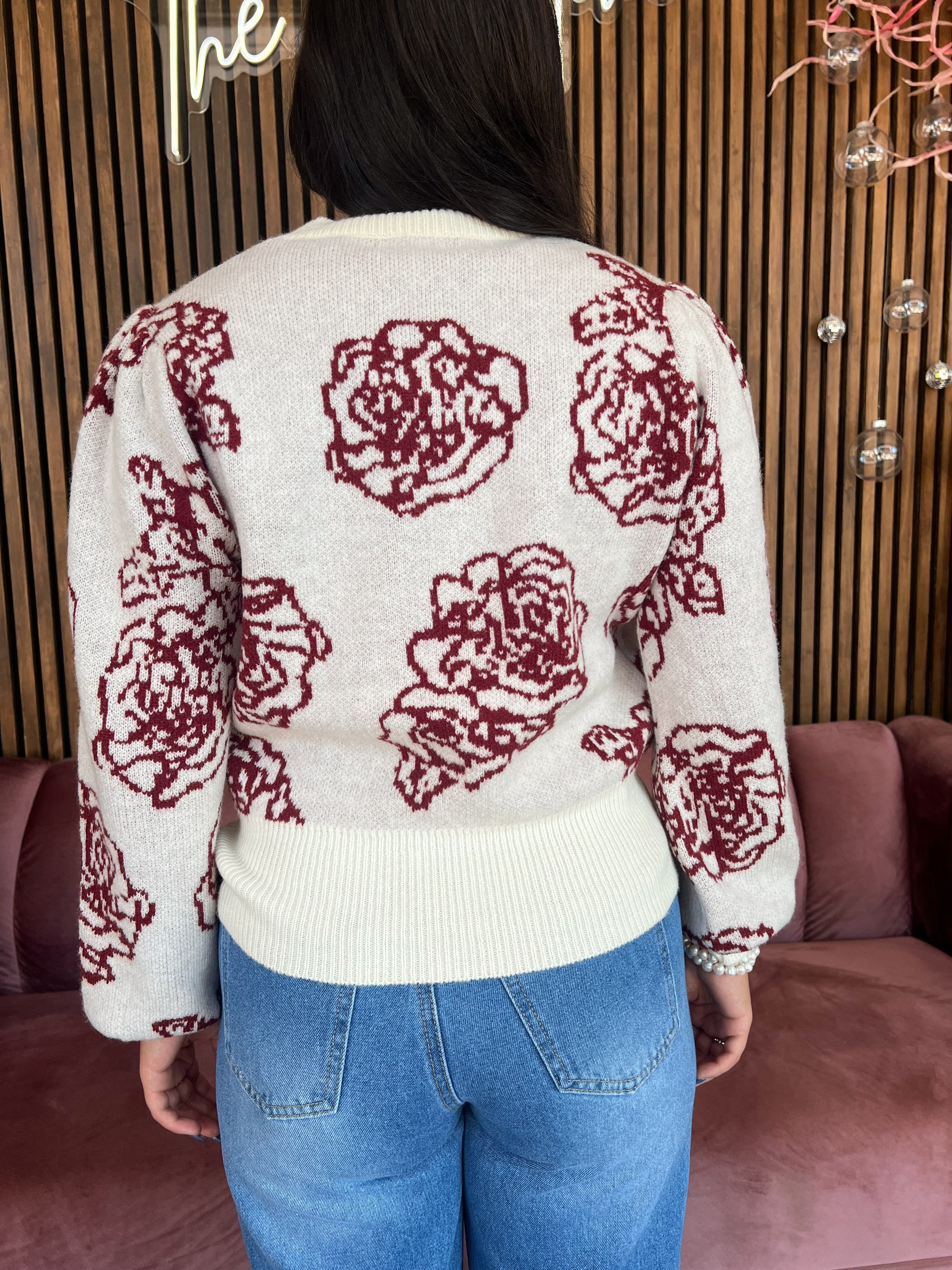 Floral Puff Sleeve Sweater- Burgundy