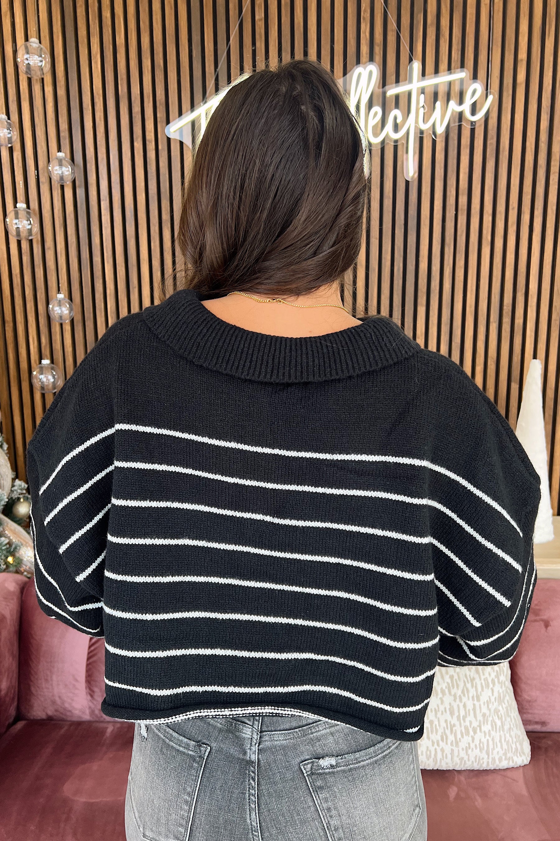 Striped Cropped Sweater- Black