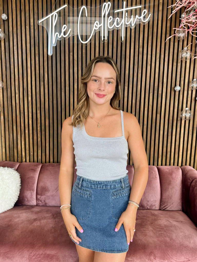 SUPERDOWN: Grey Mixed Strap Top