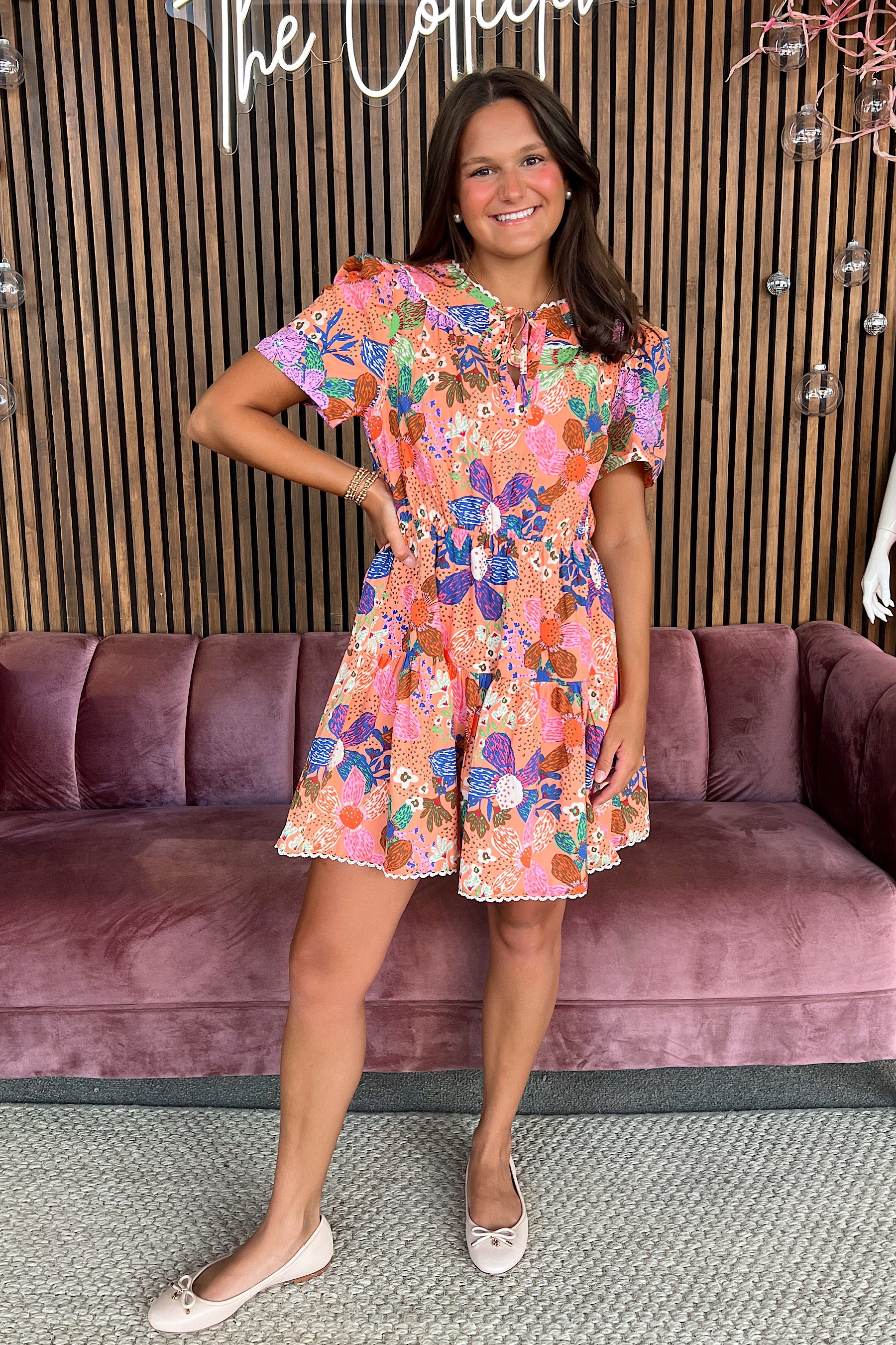 Coral Lace Trim Tiered Dress