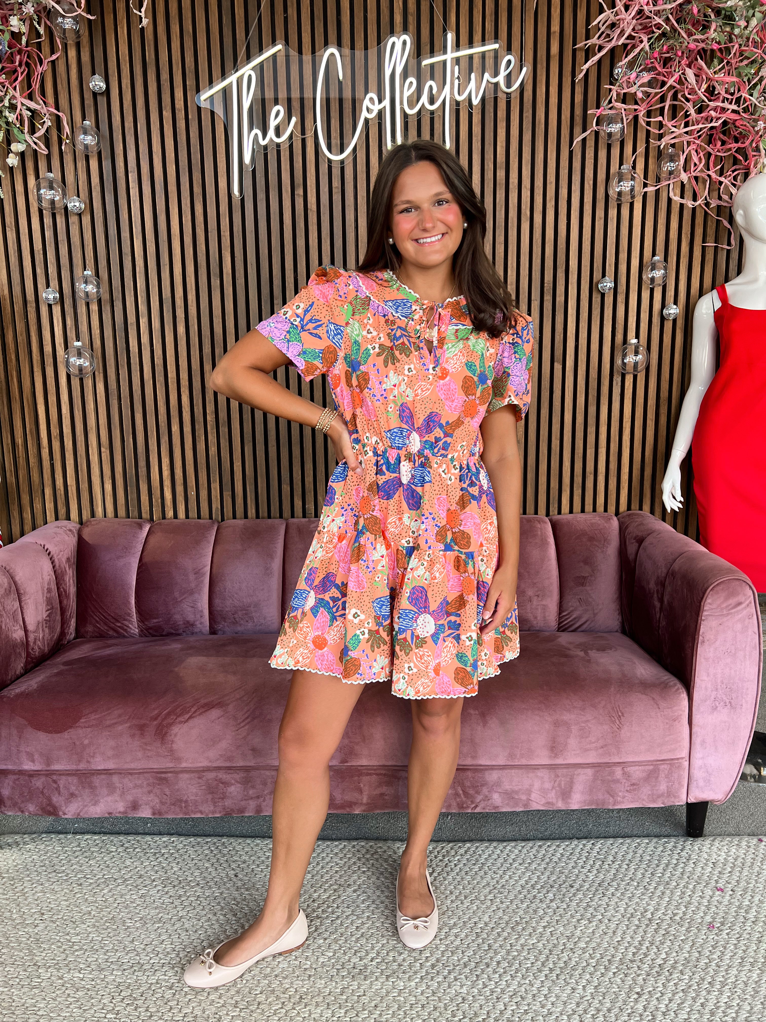Coral Lace Trim Tiered Dress