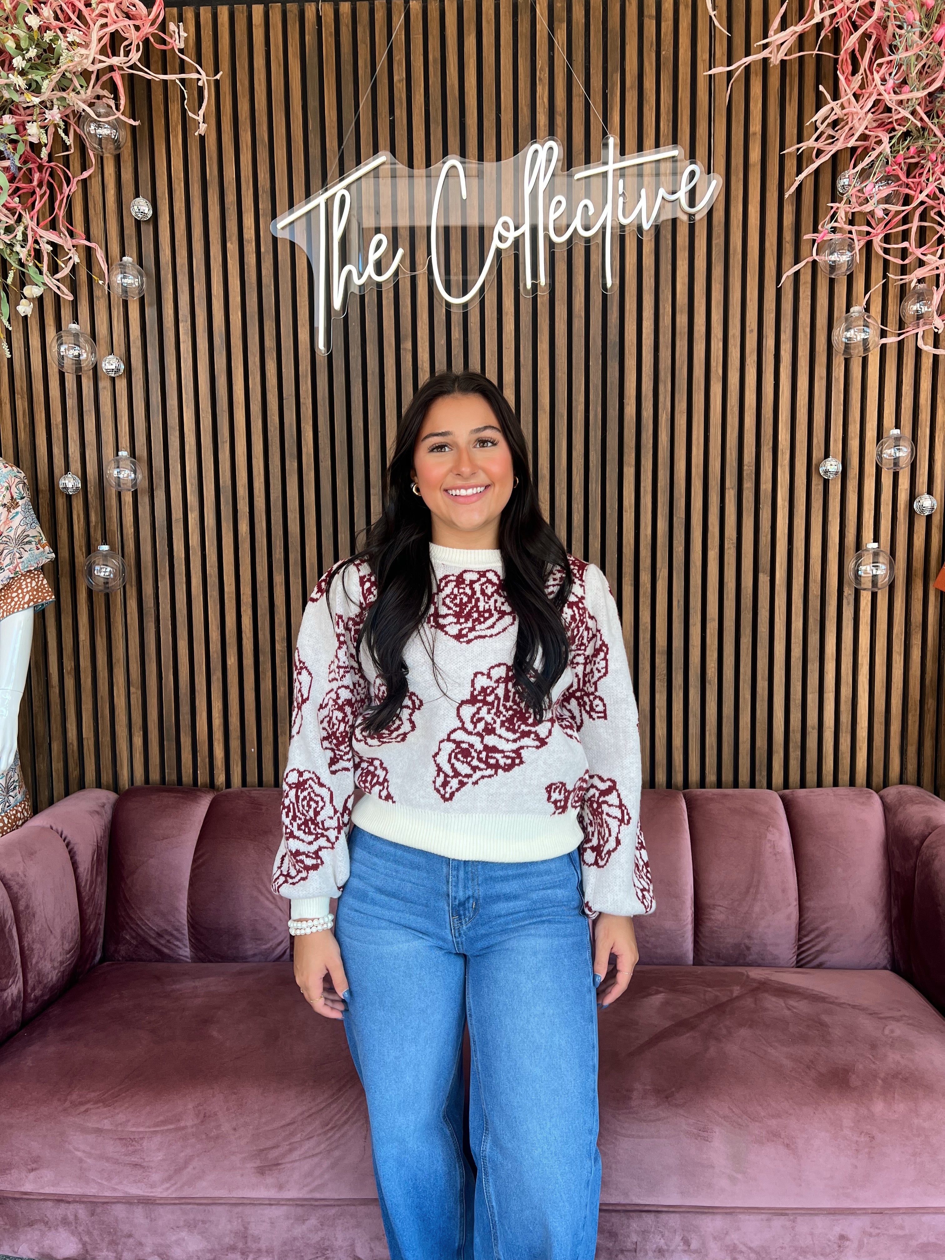 Floral Puff Sleeve Sweater- Burgundy