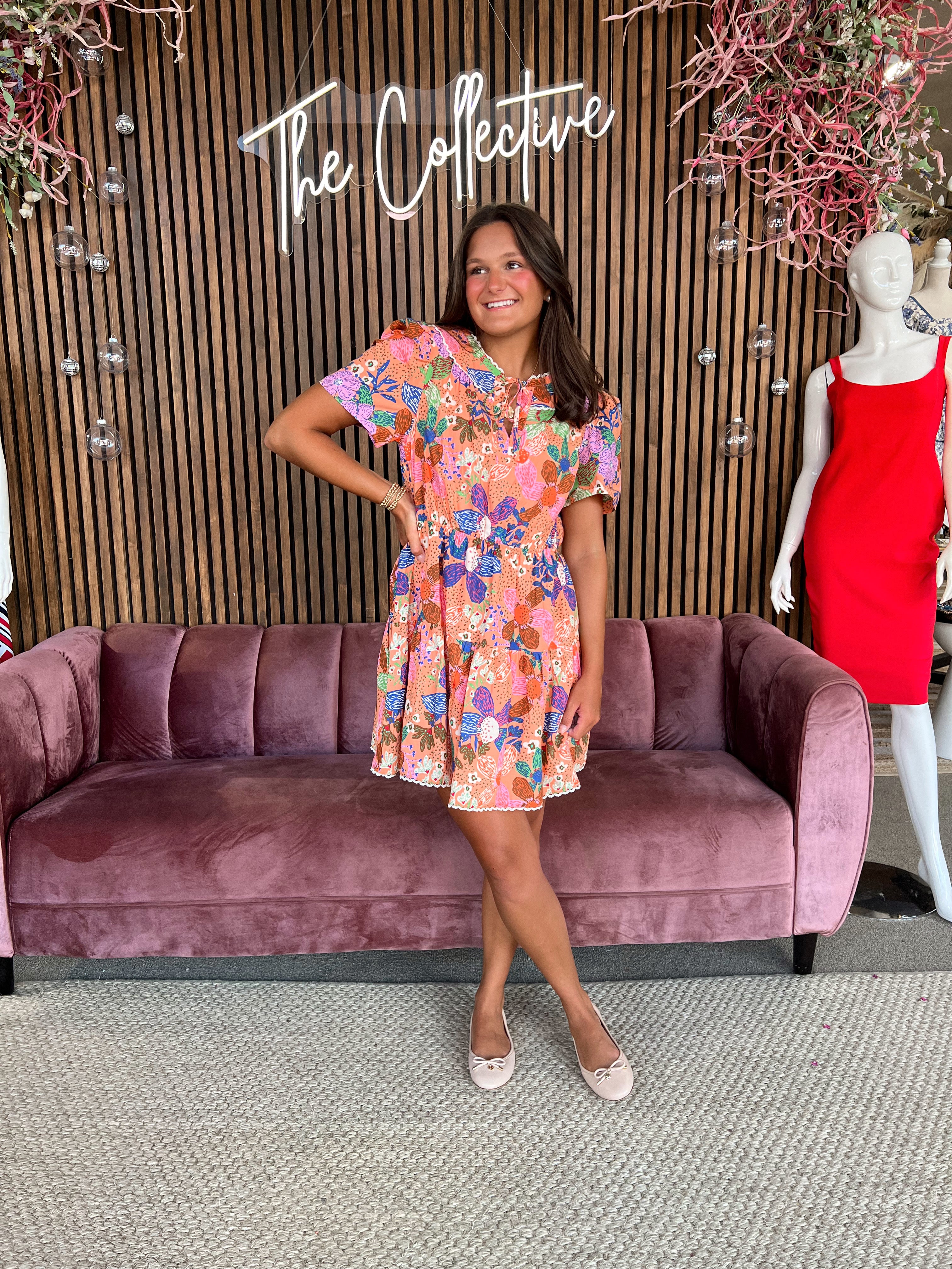 Coral Lace Trim Tiered Dress