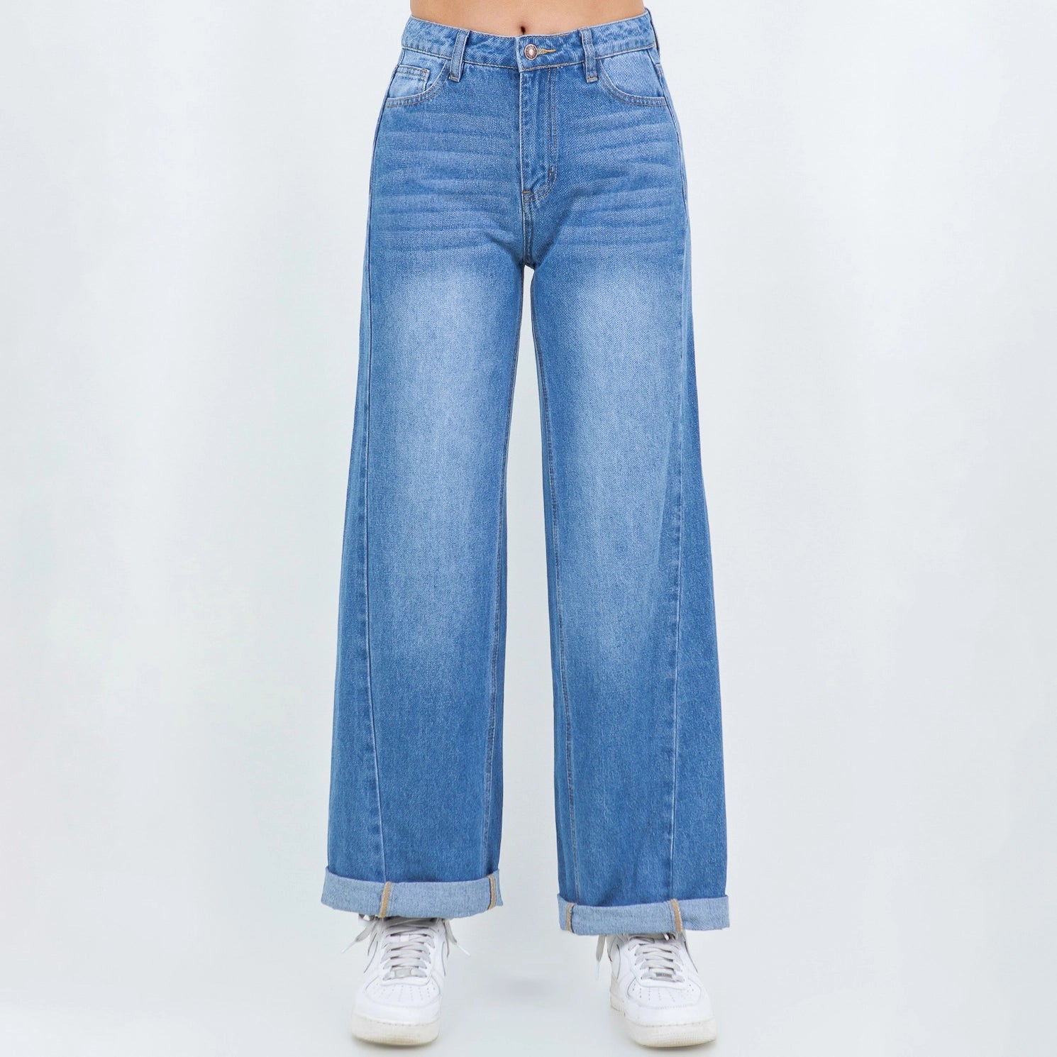 Blue Rolled Hem Straight Jeans