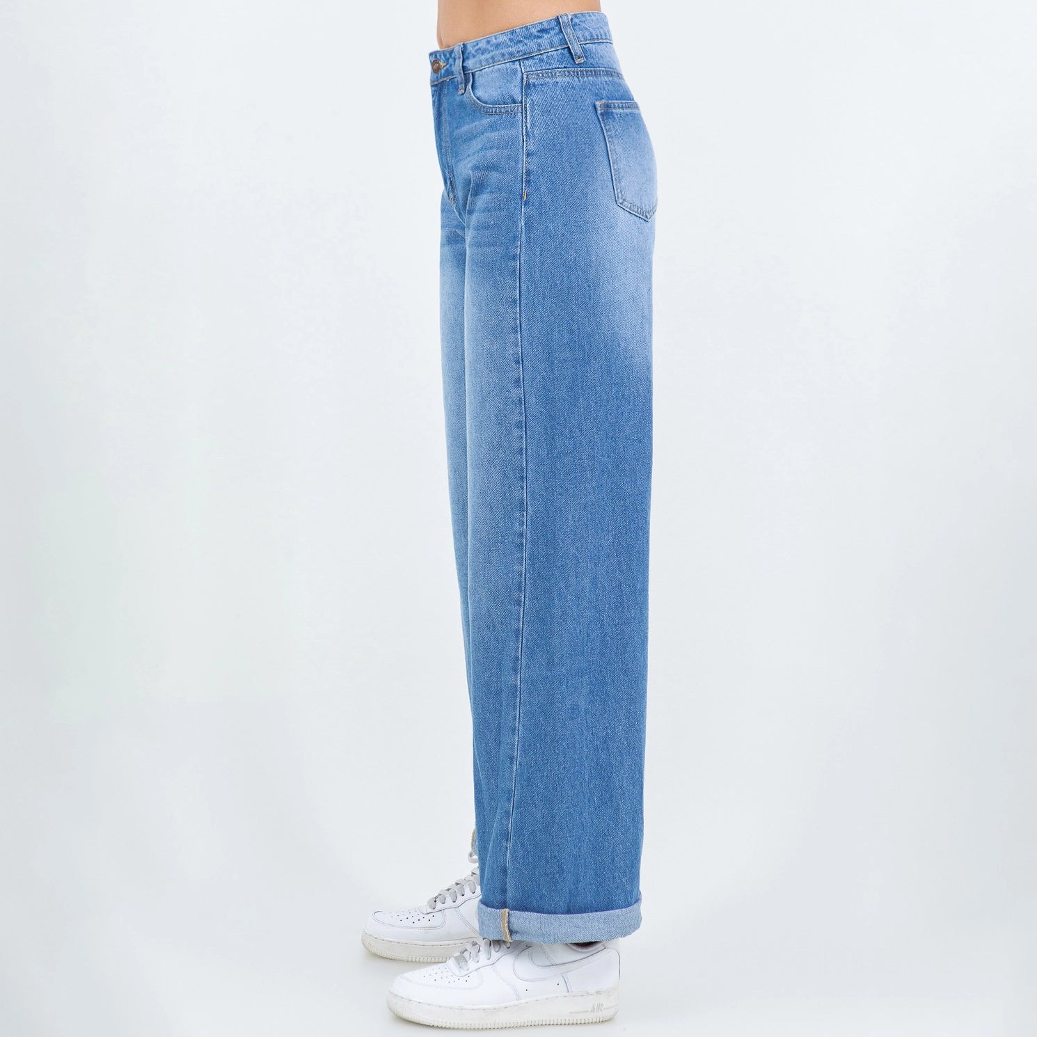 Blue Rolled Hem Straight Jeans