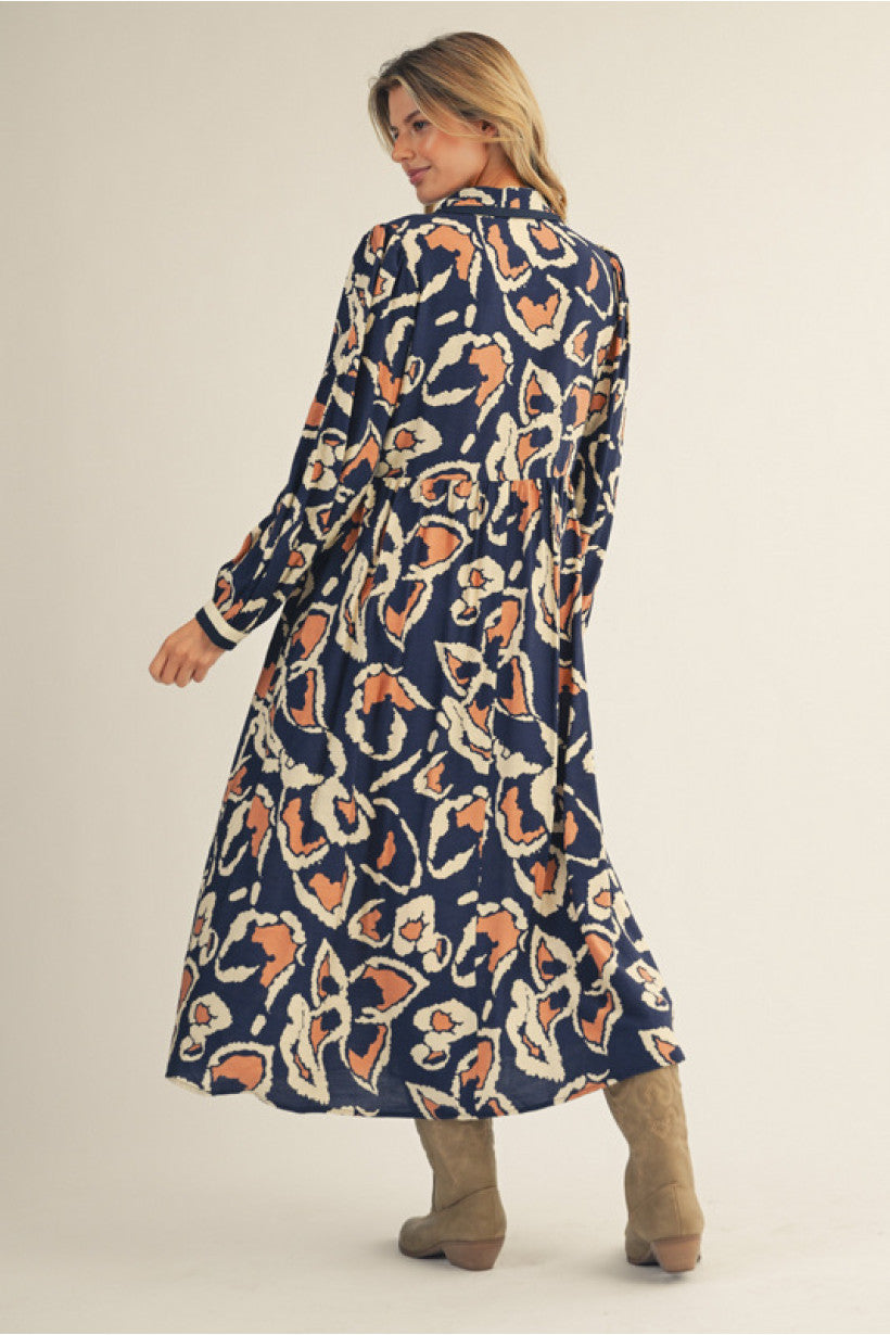 Navy & Tan Print Maxi Dress