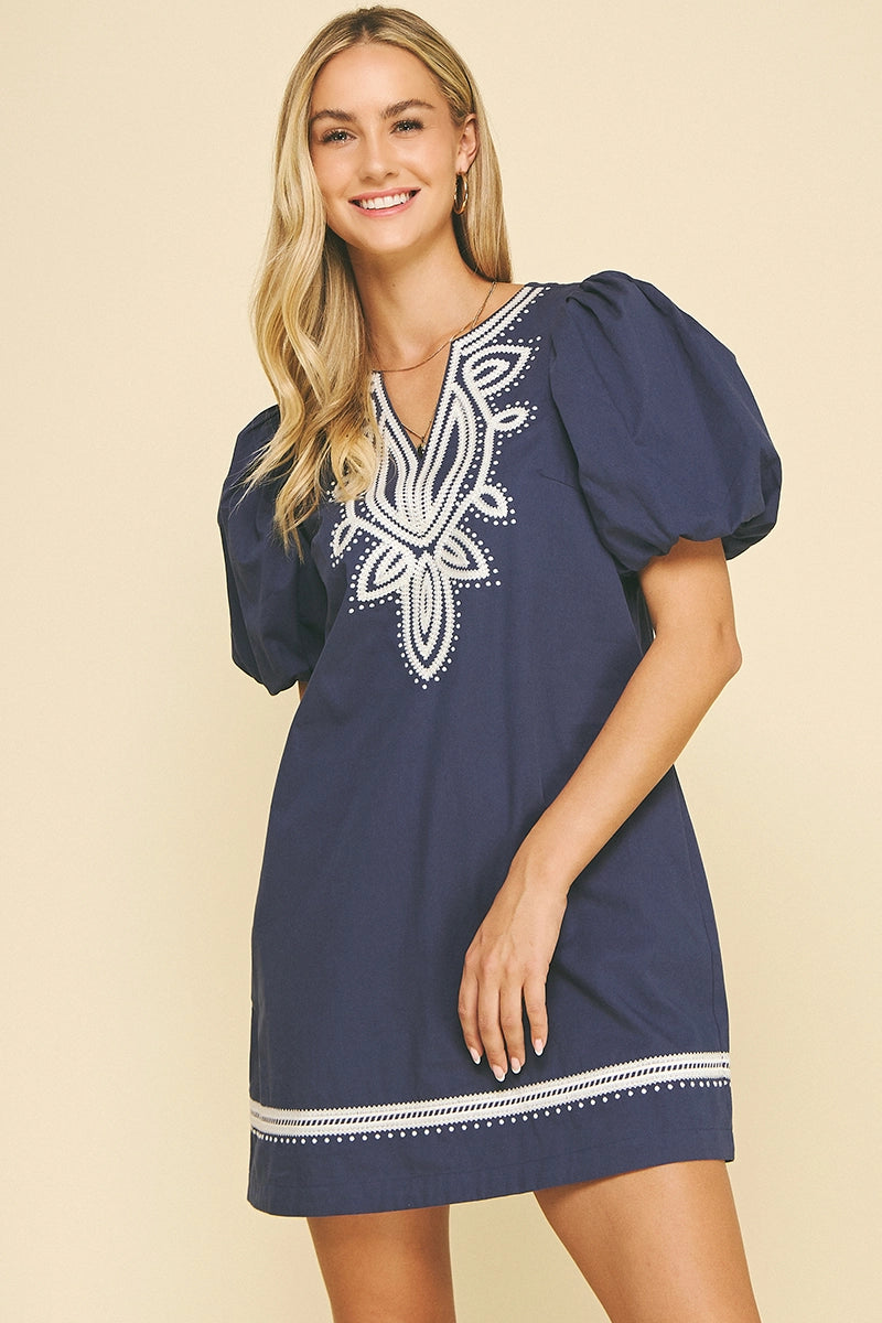 PINCH: Embroidered Dress- Navy