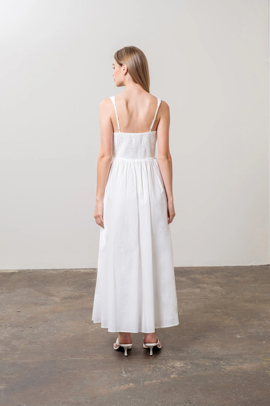 MOON RIVER: VNeck Pleated Maxi Dress- White