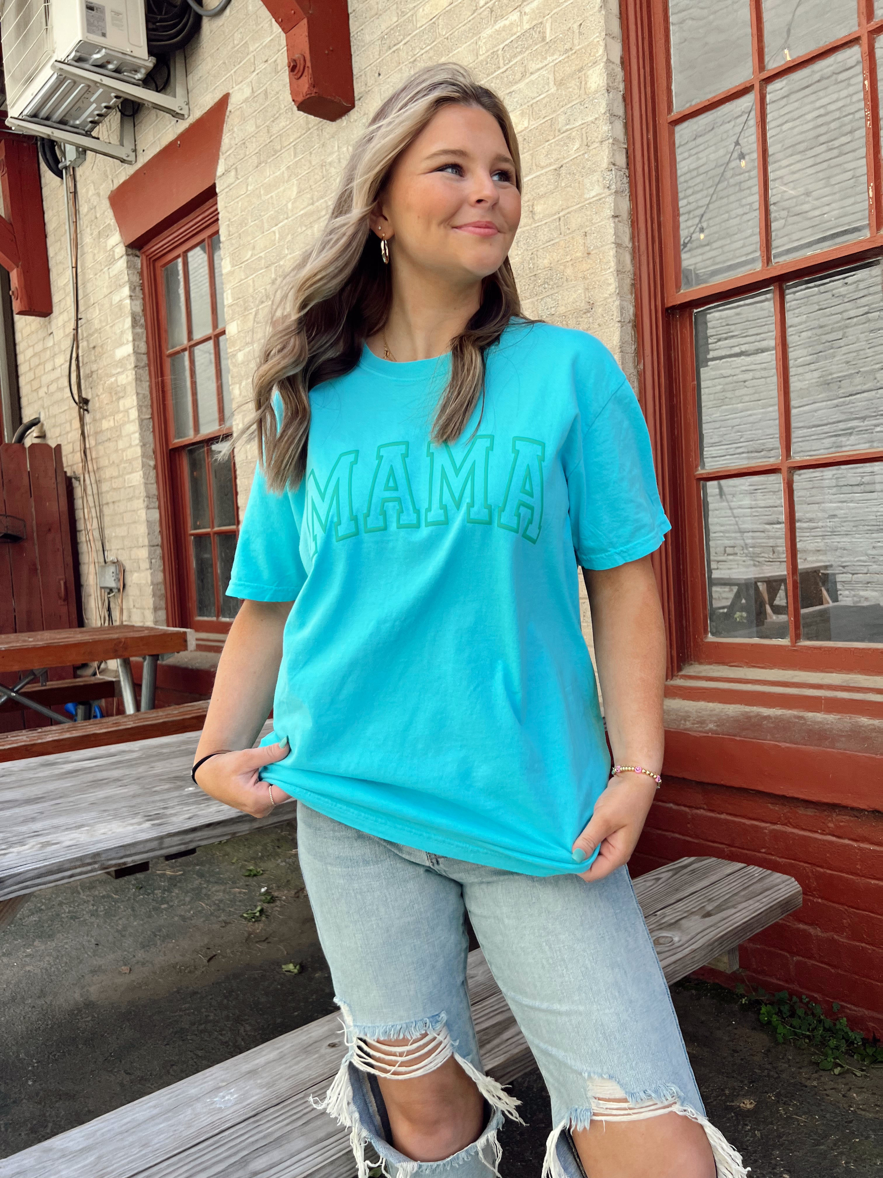 BJB Customs: Mama Puff Print Tee- Lagoon Blue