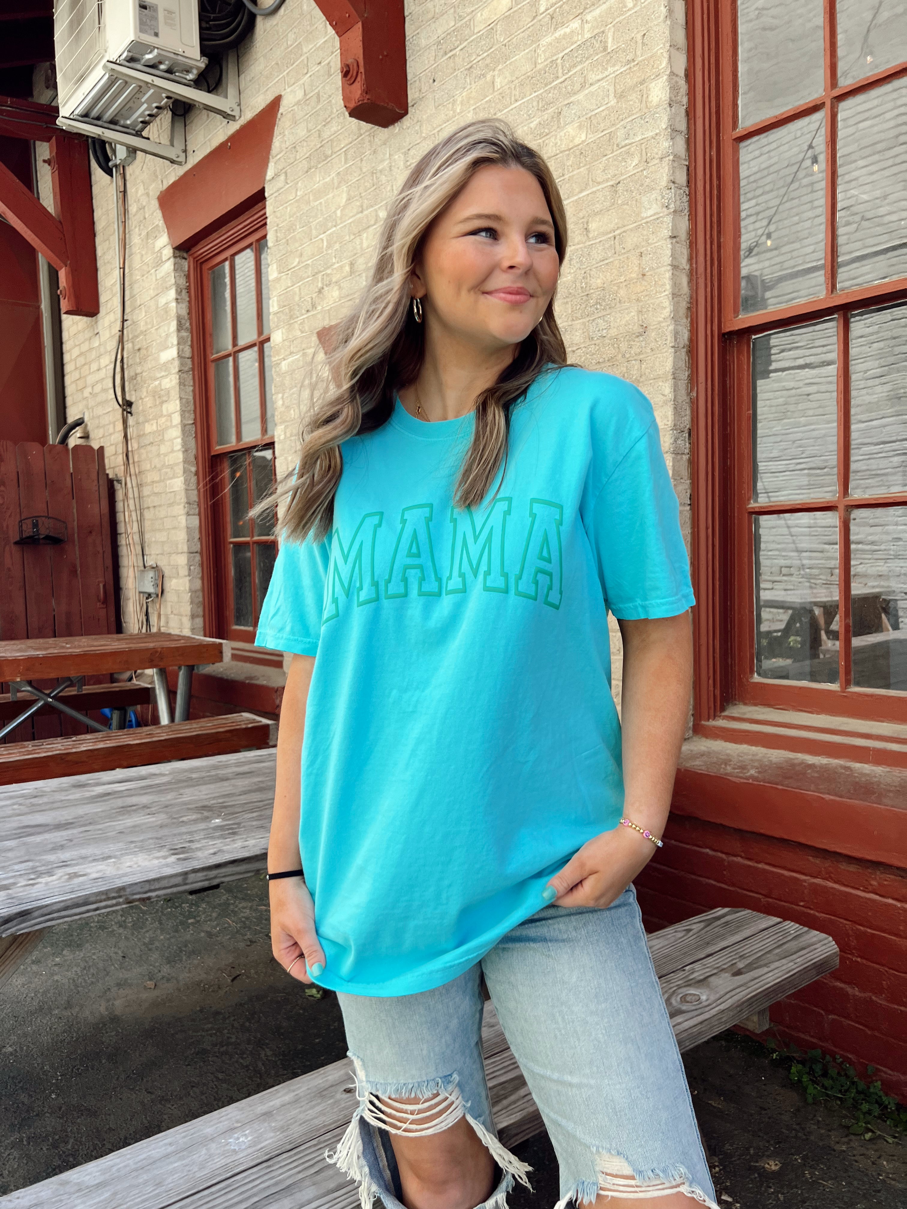 BJB Customs: Mama Puff Print Tee- Lagoon Blue