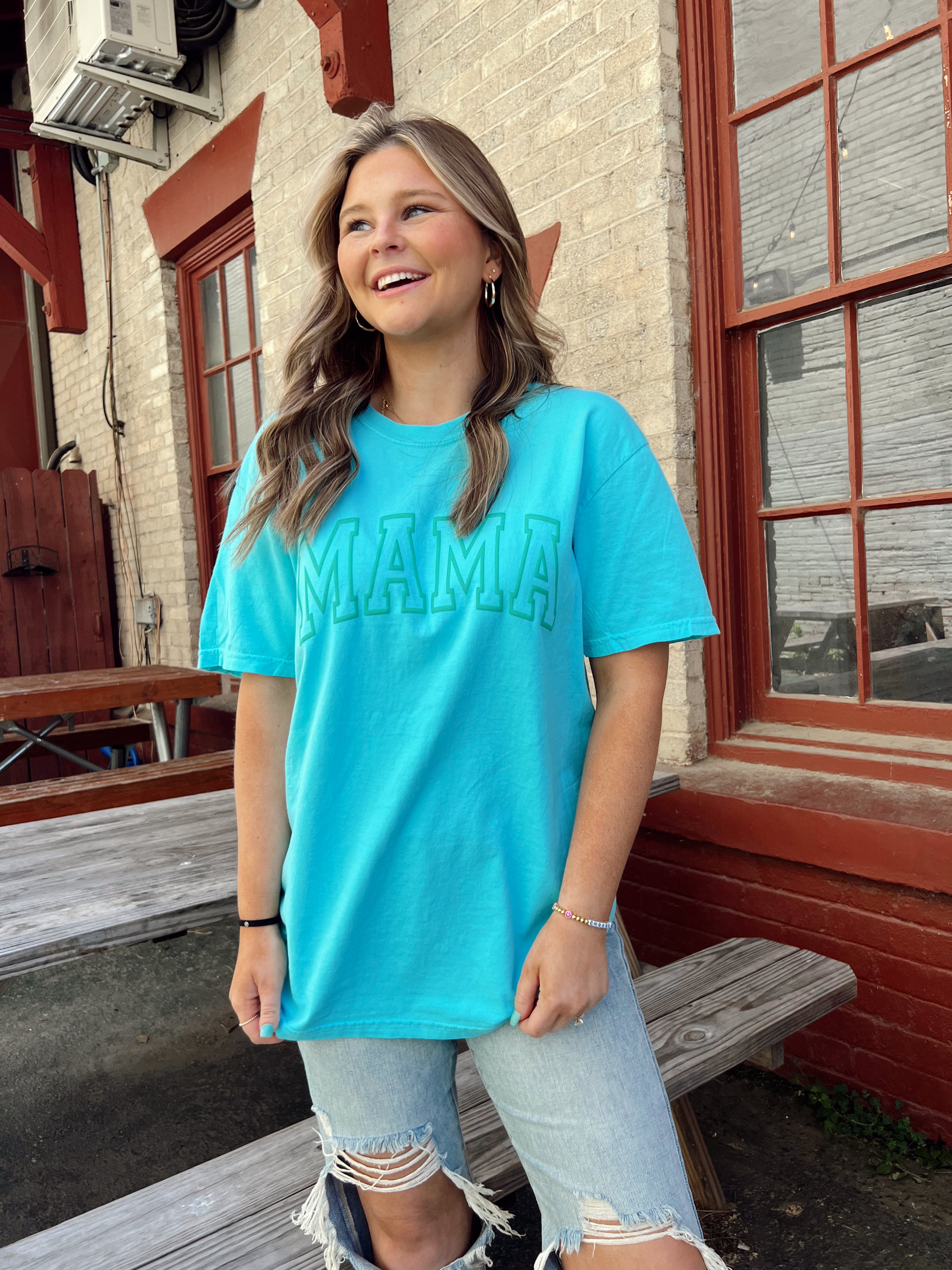 BJB Customs: Mama Puff Print Tee- Lagoon Blue