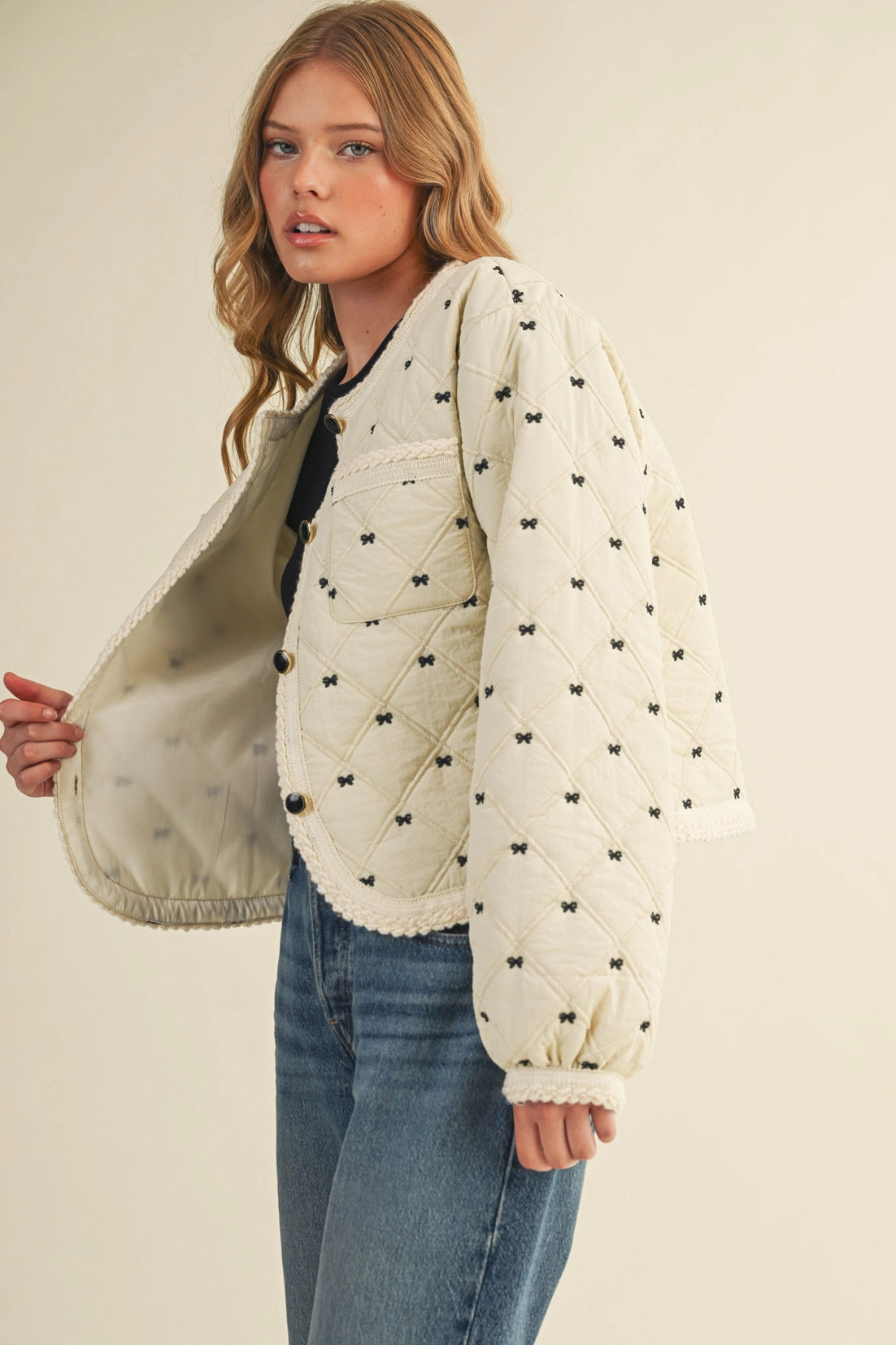 Cream Bow Quilted Jacket