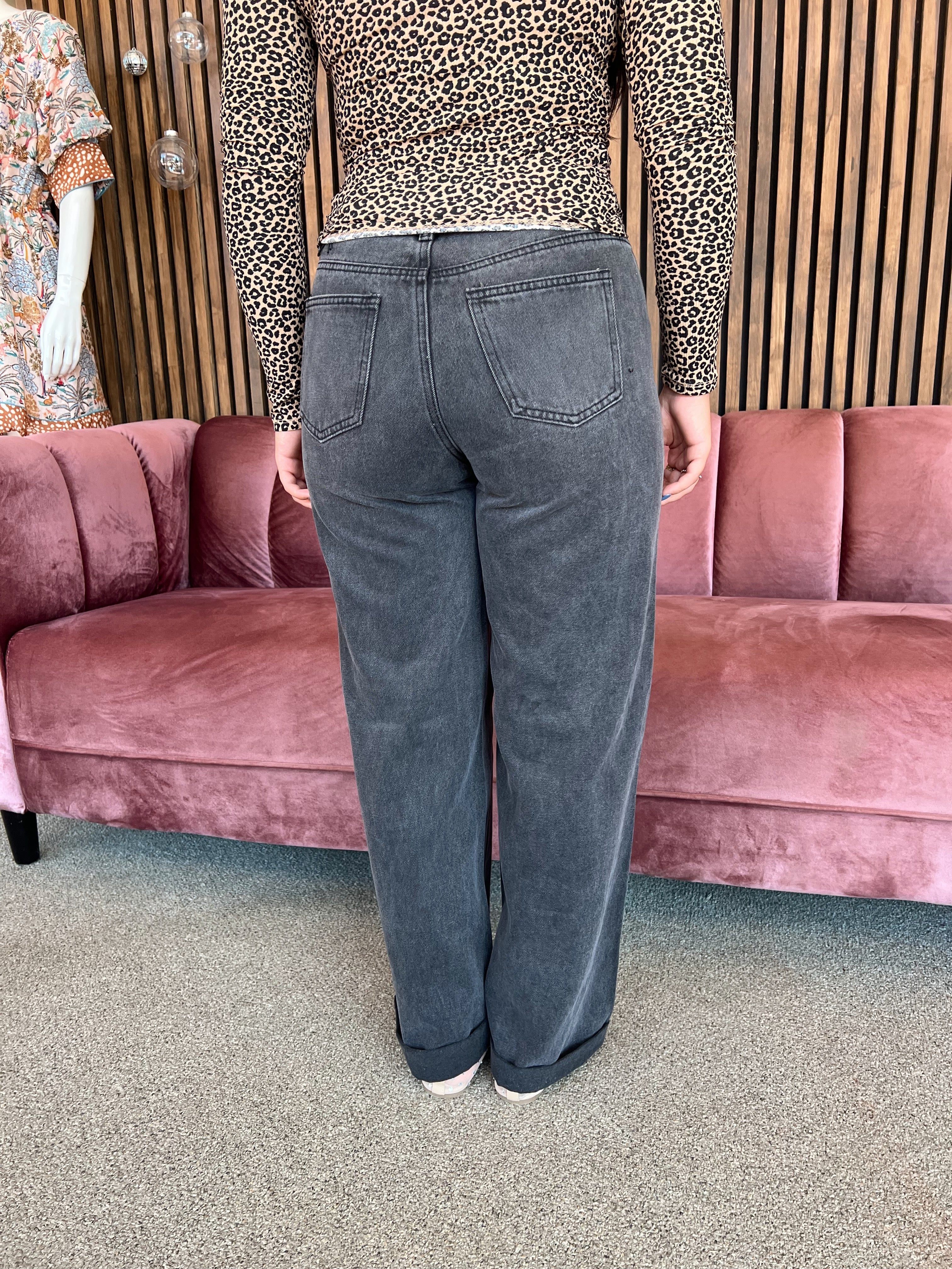 Black Rolled Hem Straight Jeans
