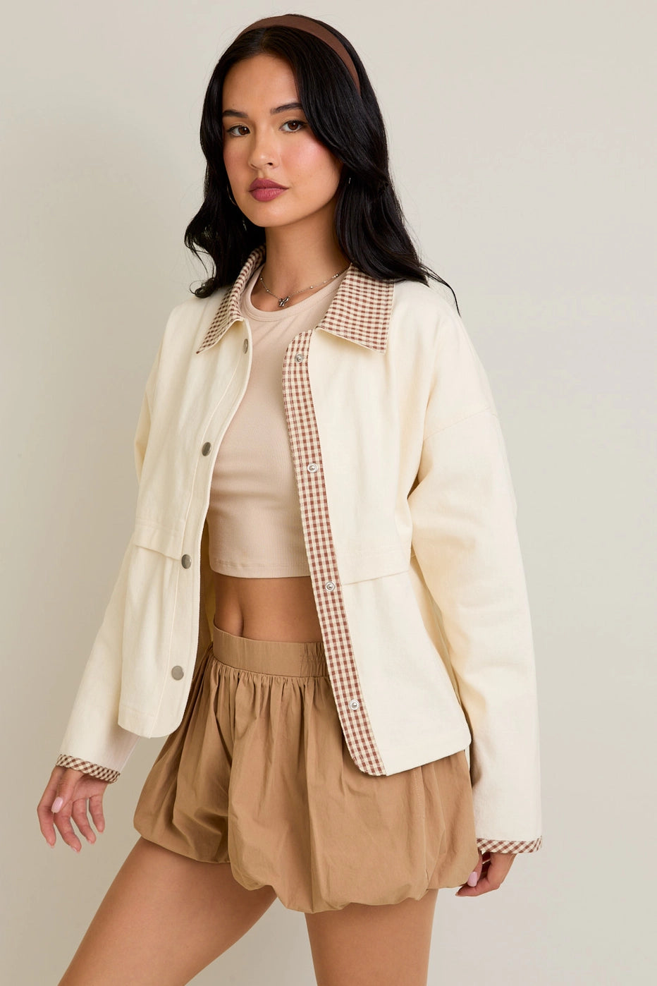 Brown Gingham Trim Jacket