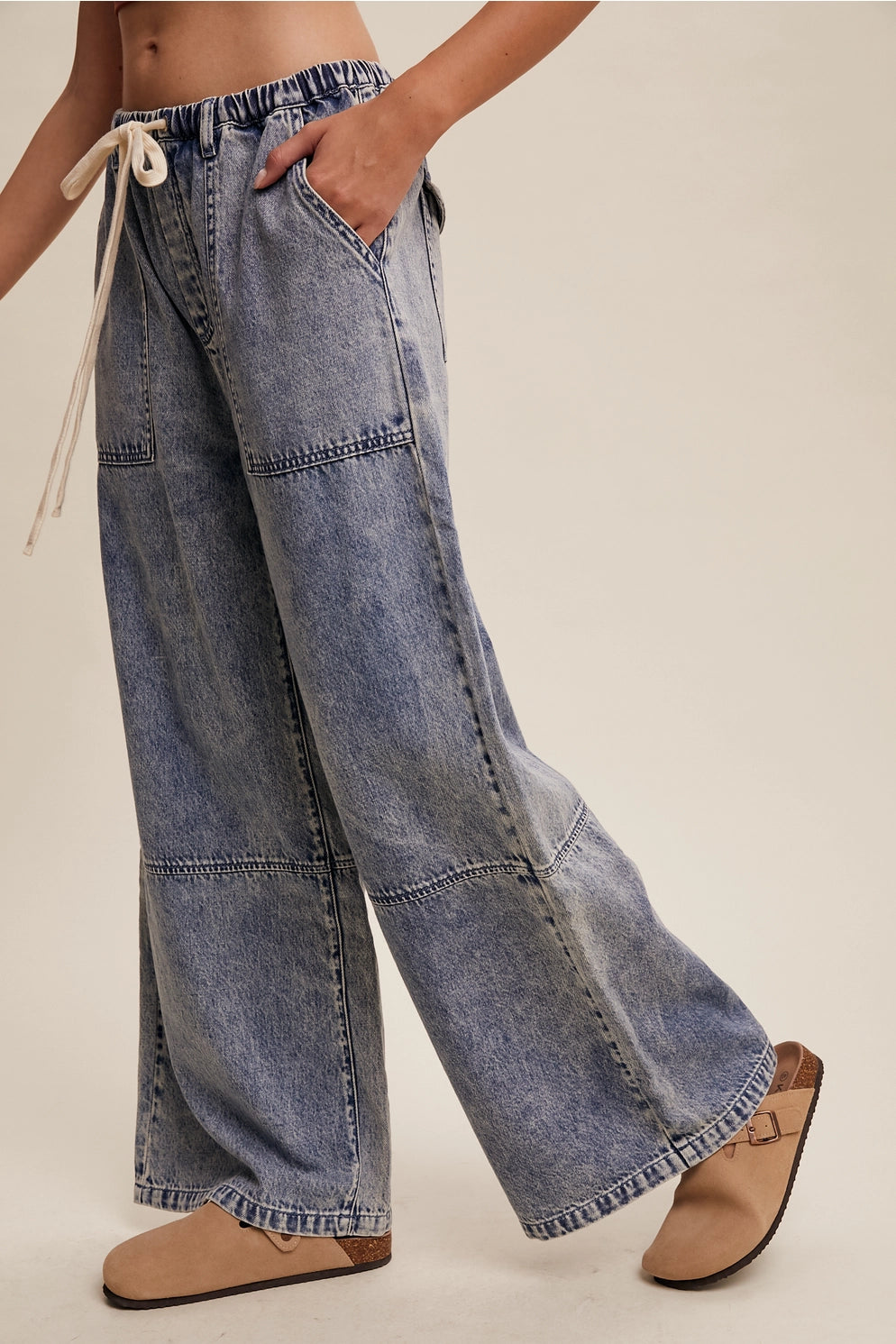 Wide Leg Denim Drawstring Pants