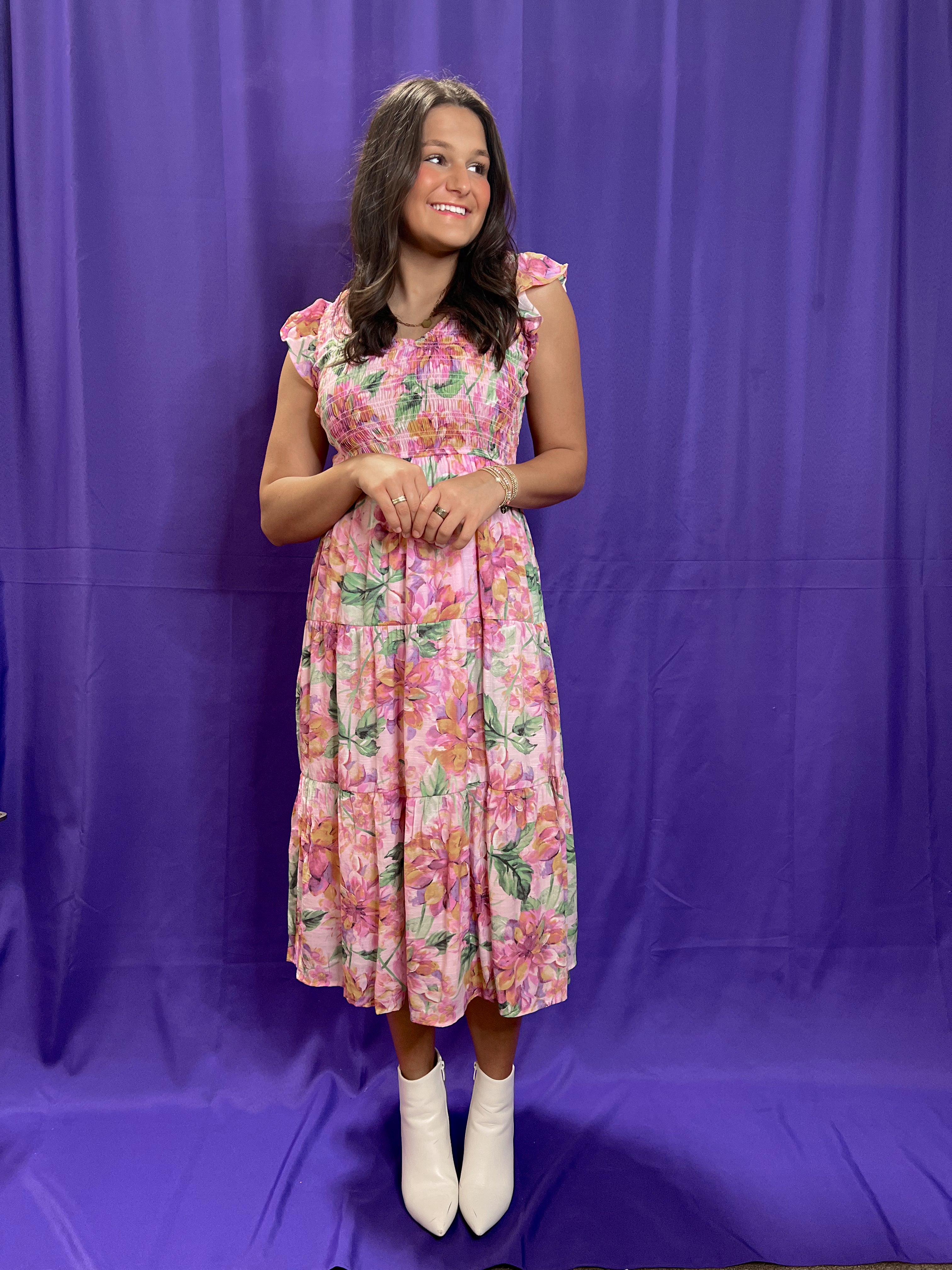 Flutter Sleeve Floral Dress- Purple