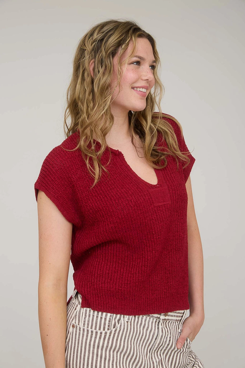 Split Neck Sweater- Red