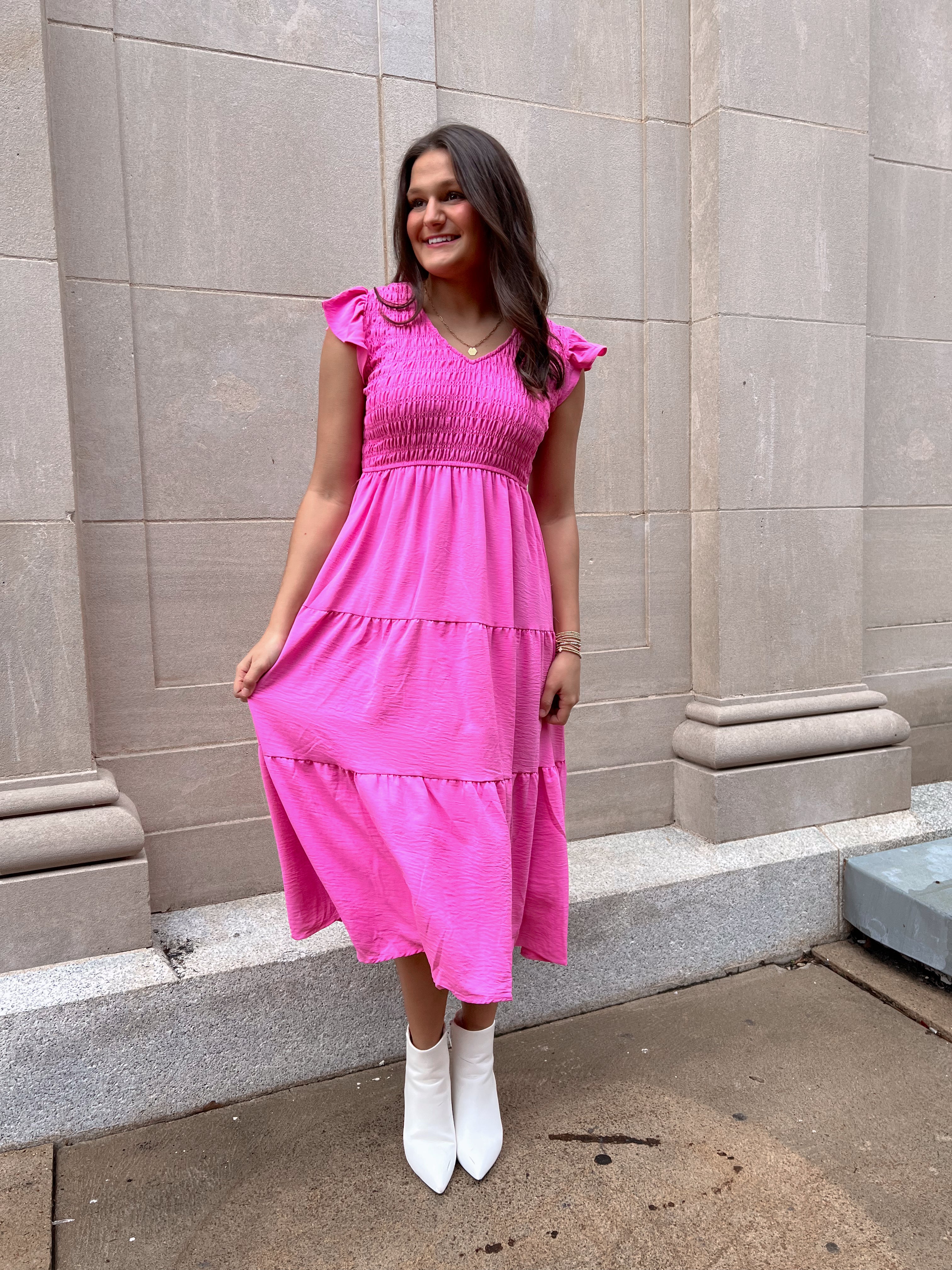 Flutter Sleeve Maxi Dress- Pink