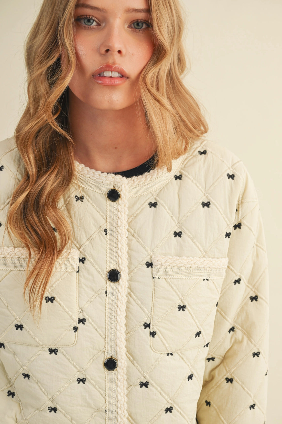 Cream Bow Quilted Jacket