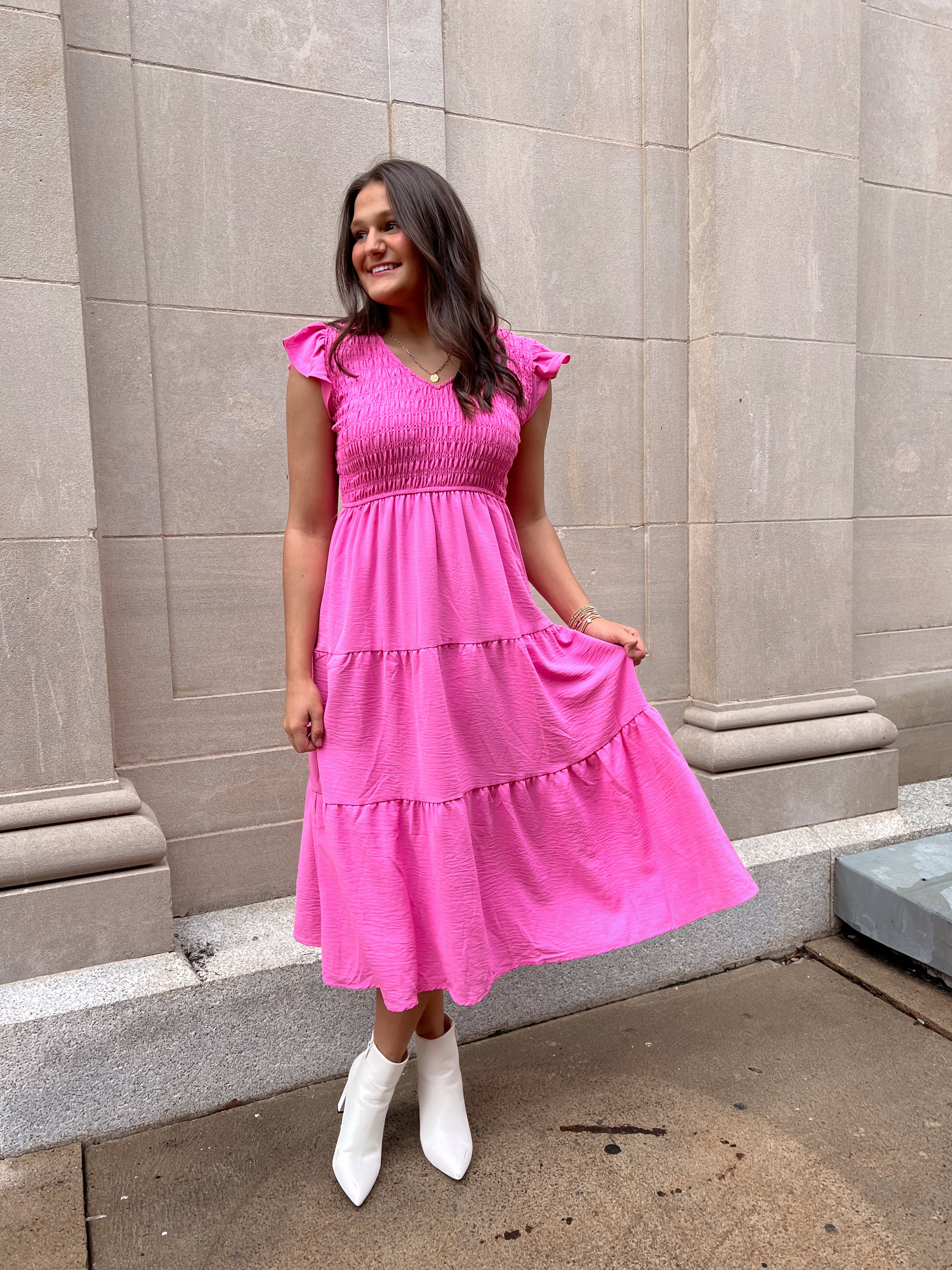 Flutter Sleeve Maxi Dress- Pink