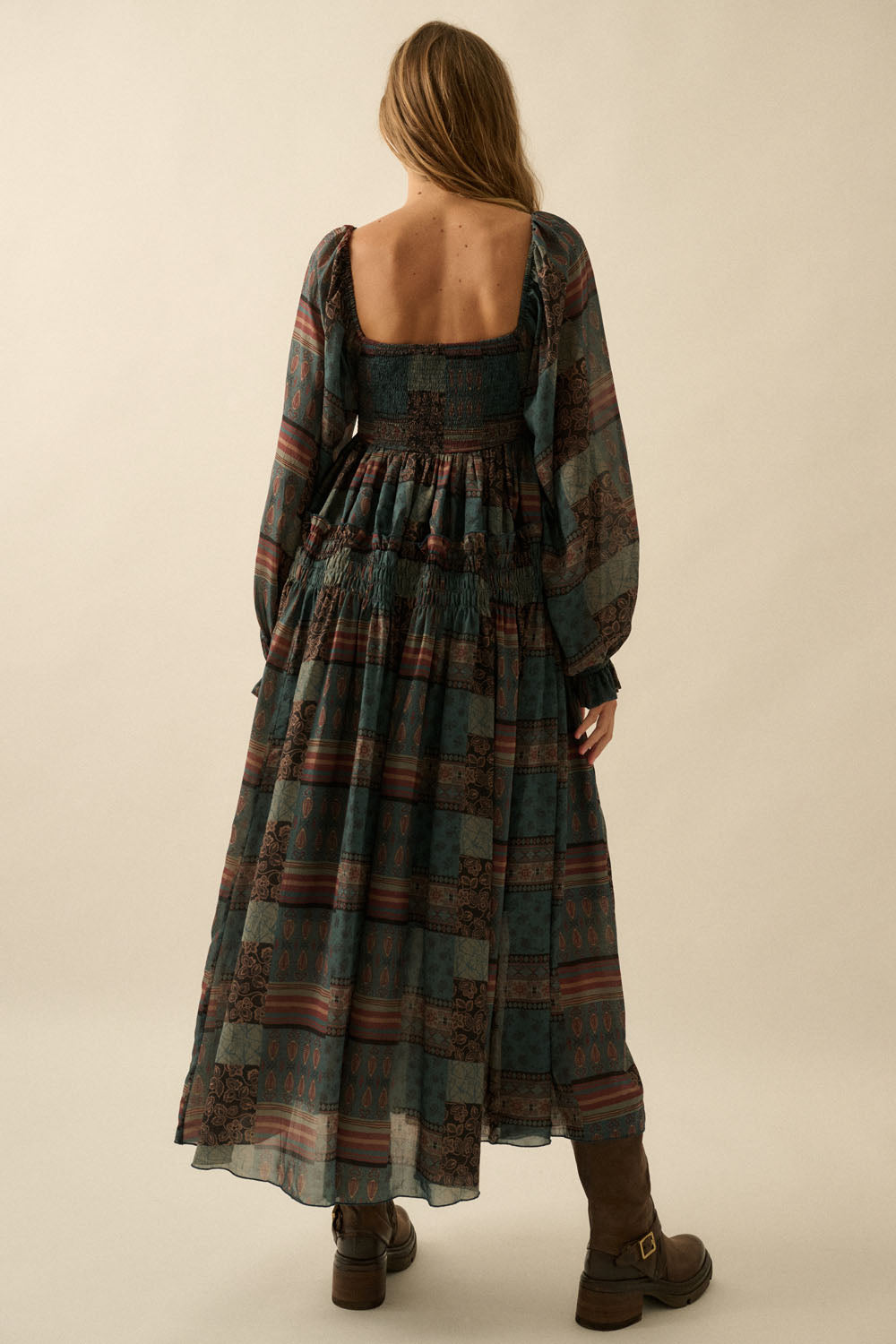 Patchwork Print Smocked Midi Dress
