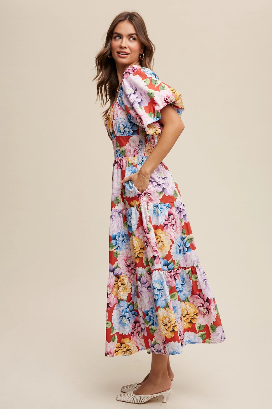 Floral Puff Sleeve Maxi- Orange