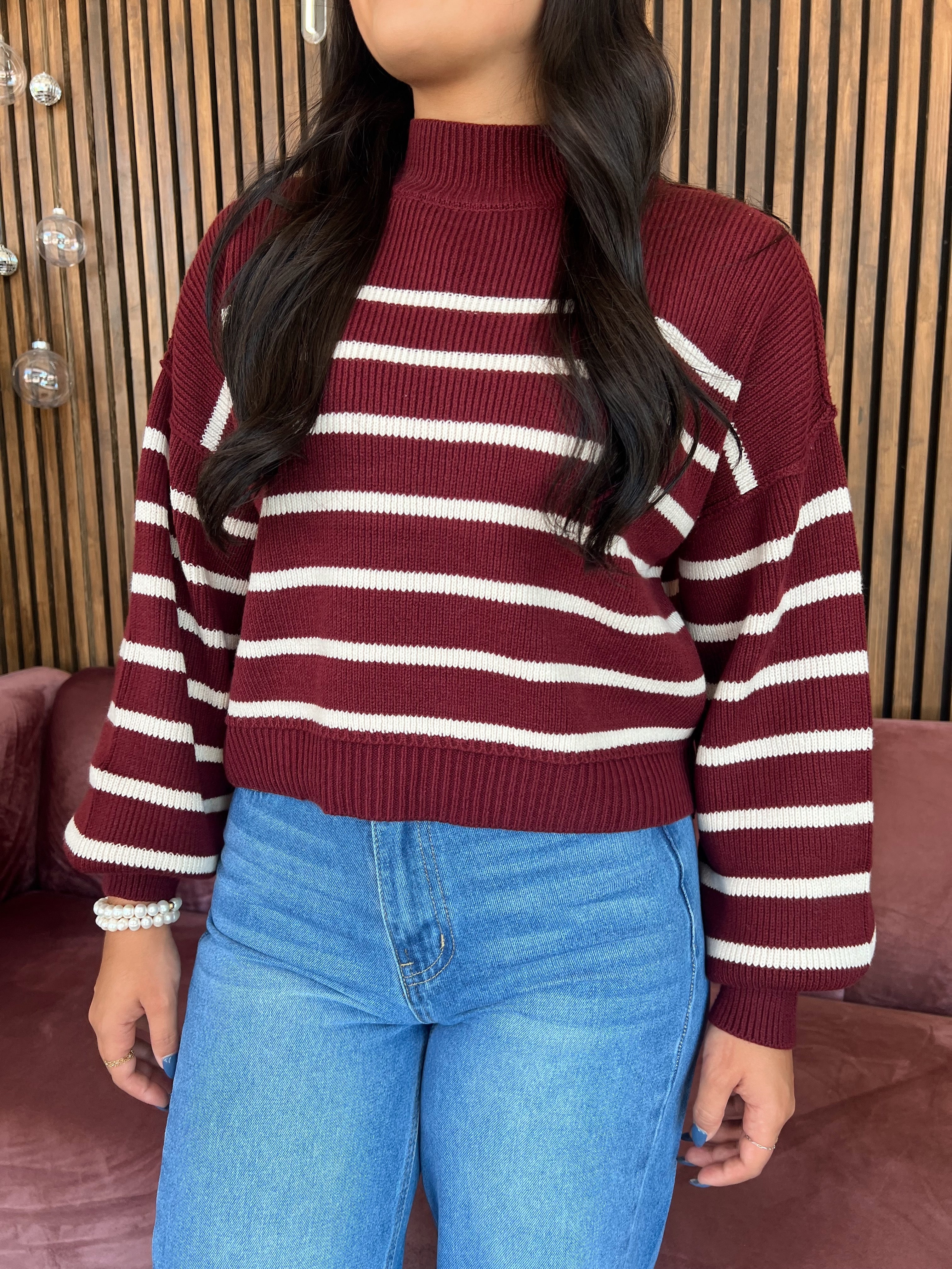 Striped Knit Sweater- Burgundy