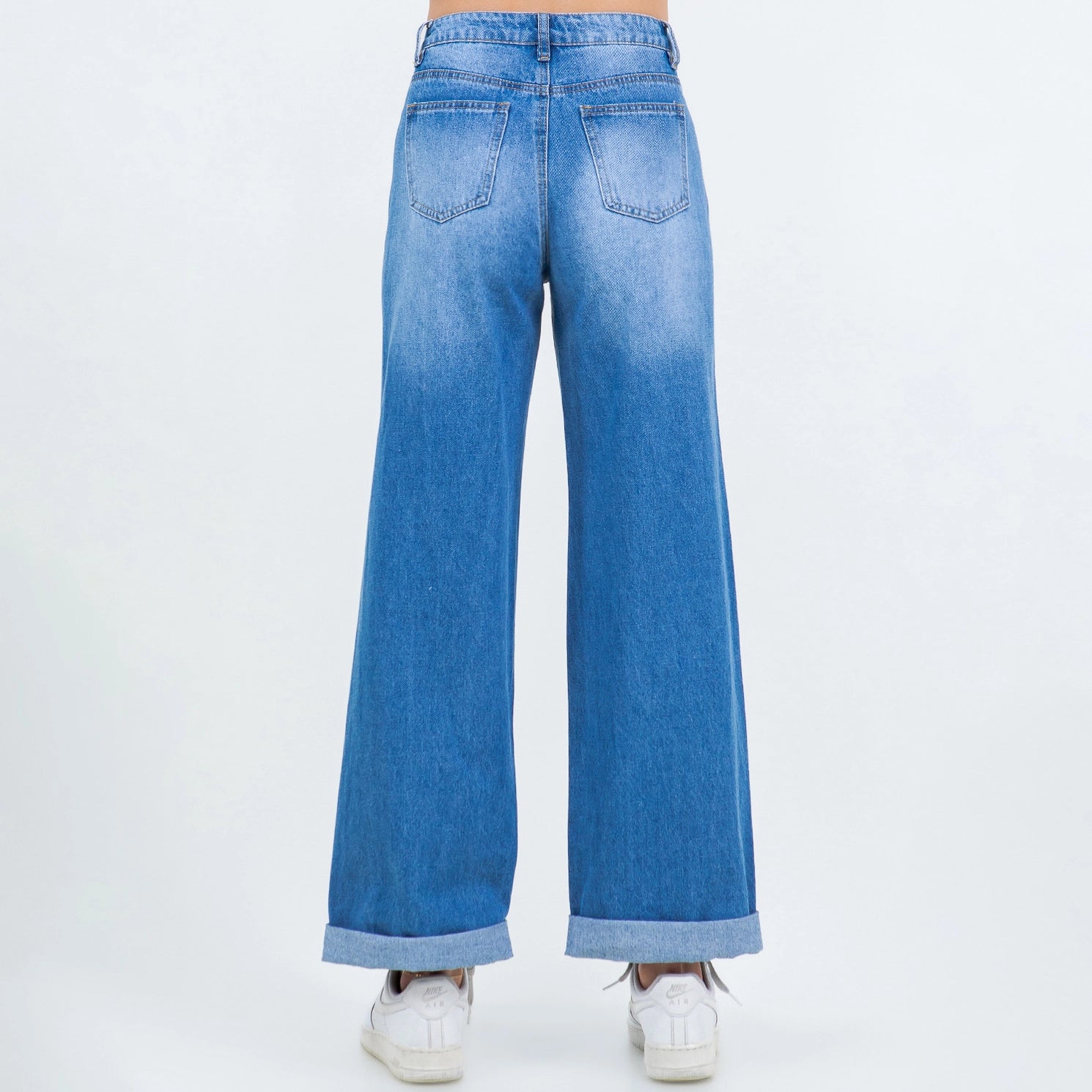 Blue Rolled Hem Straight Jeans