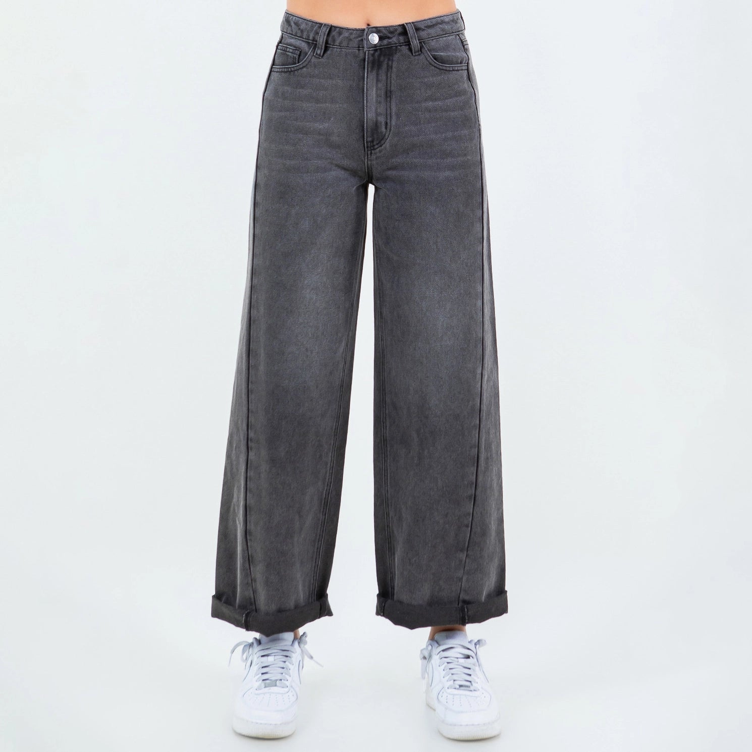 Black Rolled Hem Straight Jeans