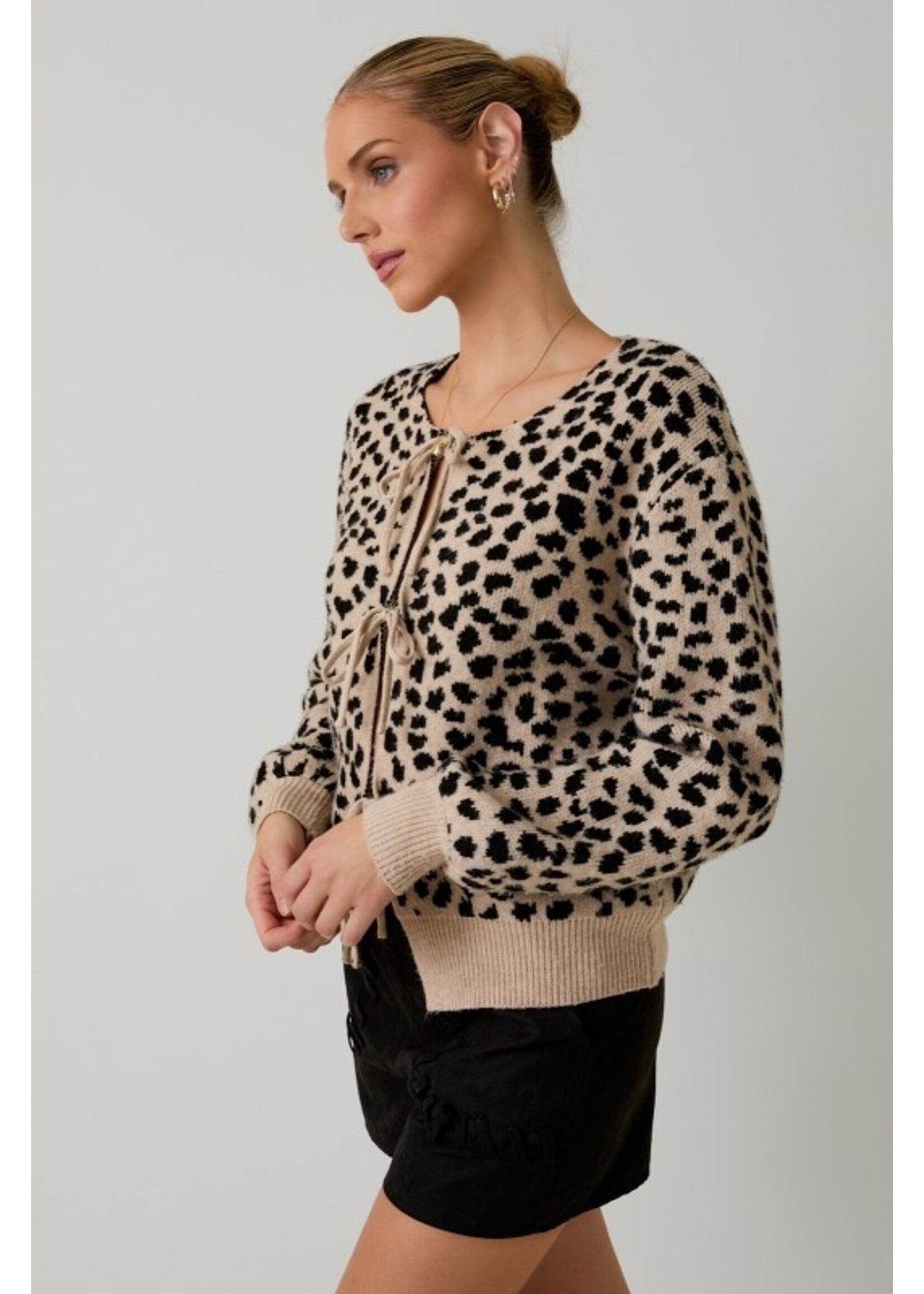 Black Animal Print Bow Front Cardigan