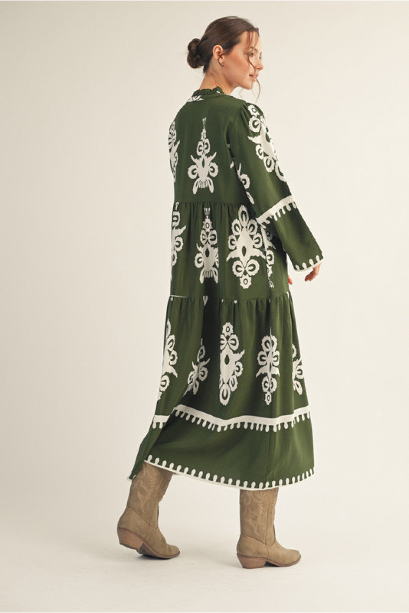 Olive White Print Maxi Dress