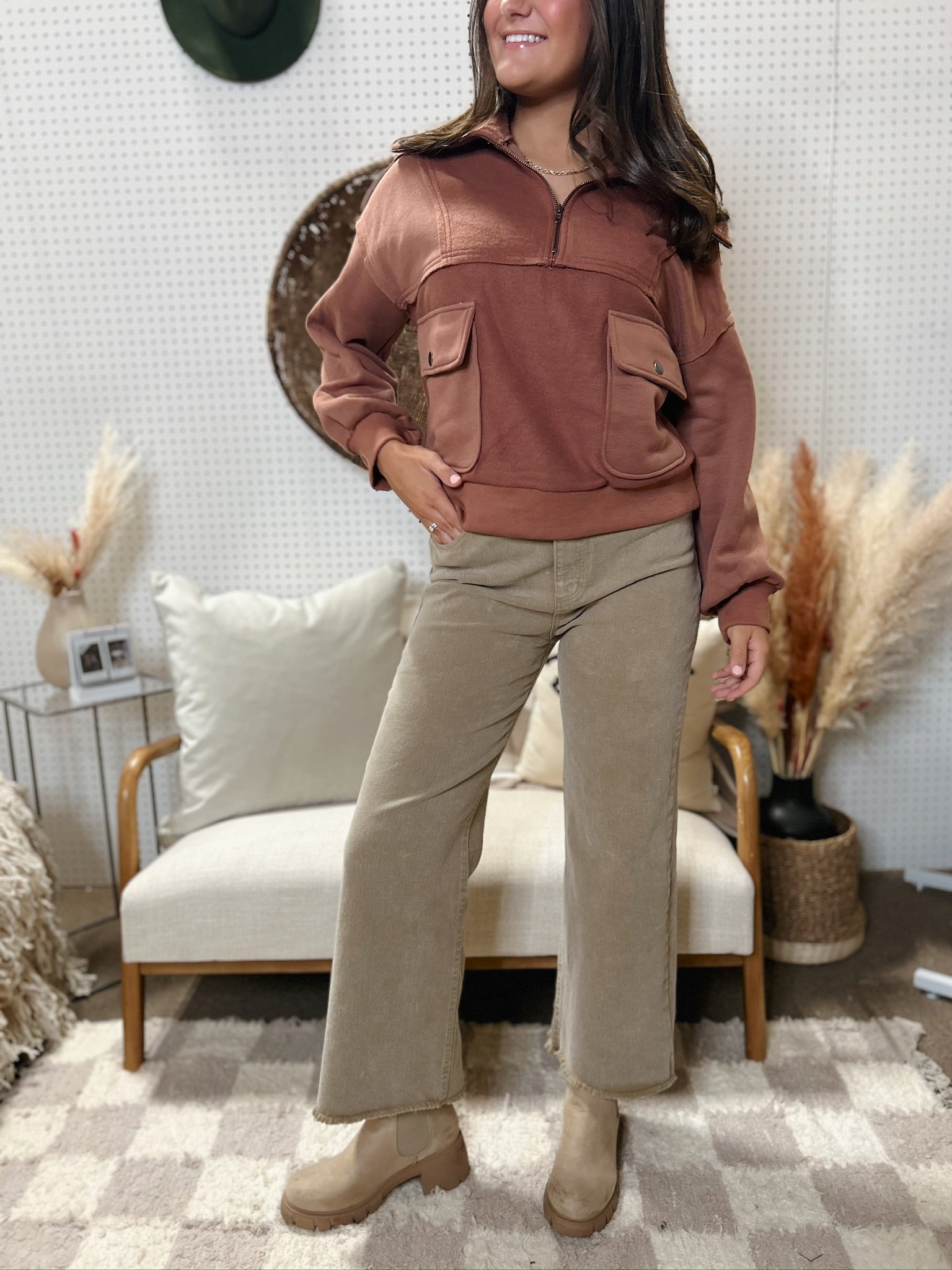 Washed Straight Wide Leg Jeans- Taupe