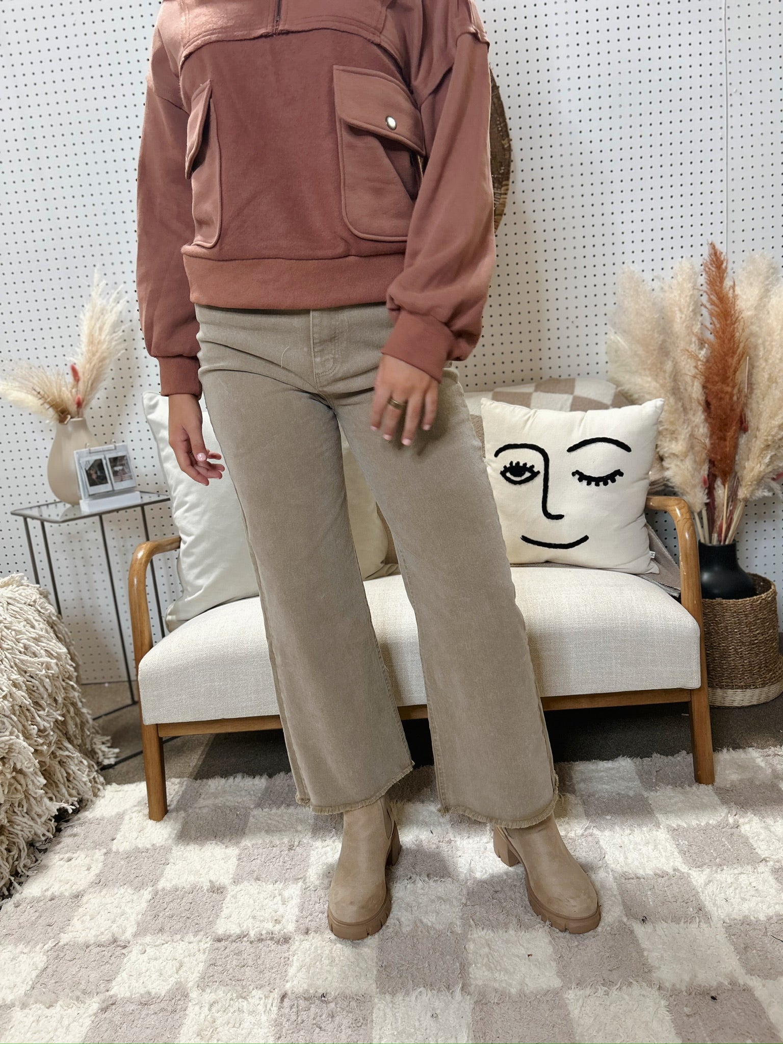 Washed Straight Wide Leg Jeans- Taupe